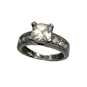 925 Sterling Silver Princess Cut Cubic Zirconia Engagement Ring Size 7.25 TA